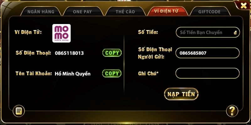 nạp tiền thông qua ví điện tử